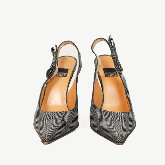 Gianfranco Ferre Silver & Black Metallic Herringbone Slingback Heels - Picture 2 of 9